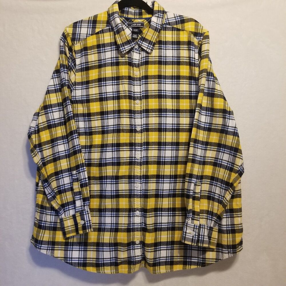 Land's End 22W Top 100% Cotton Flannel Button Front Navy Yellow Michigan Grunge